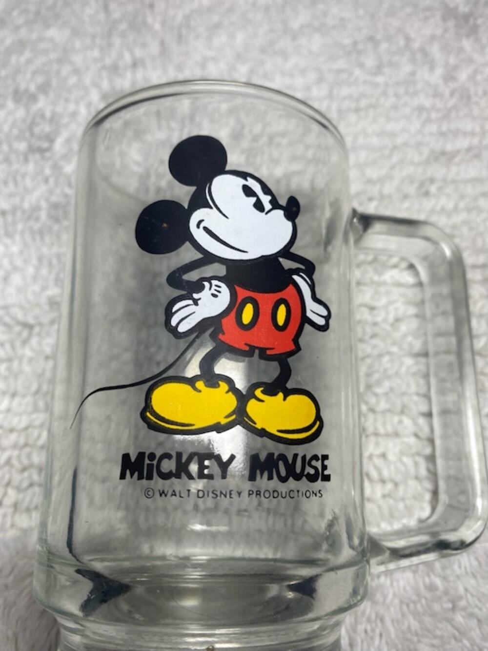 Vintage Walt Disney Productions Clear Glass Mug • Mickey Mouse • 5.5"